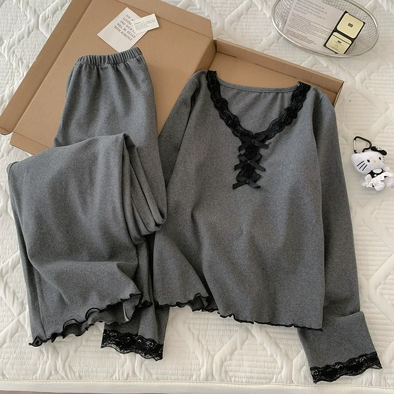 

2 Piece Suit Pyjama Femme Autumn New Loungewear Long Sleeve Sleepwear Ladies Pants And Top Set Pijamas For Home Clothes