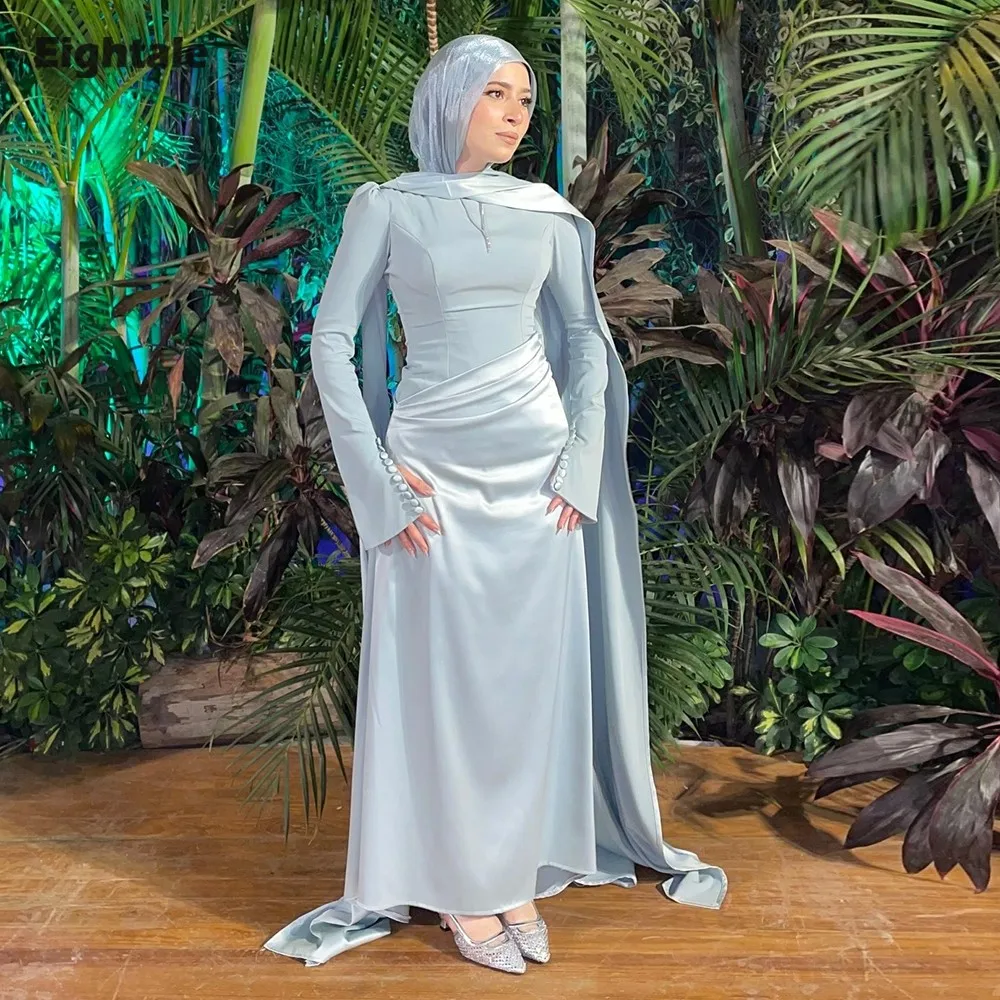 

Eightale Arabic Evening Dress Muslim Prom Gown Customized O-Neck Long Sleeves Light Blue Mermaid Wedding Party Dress