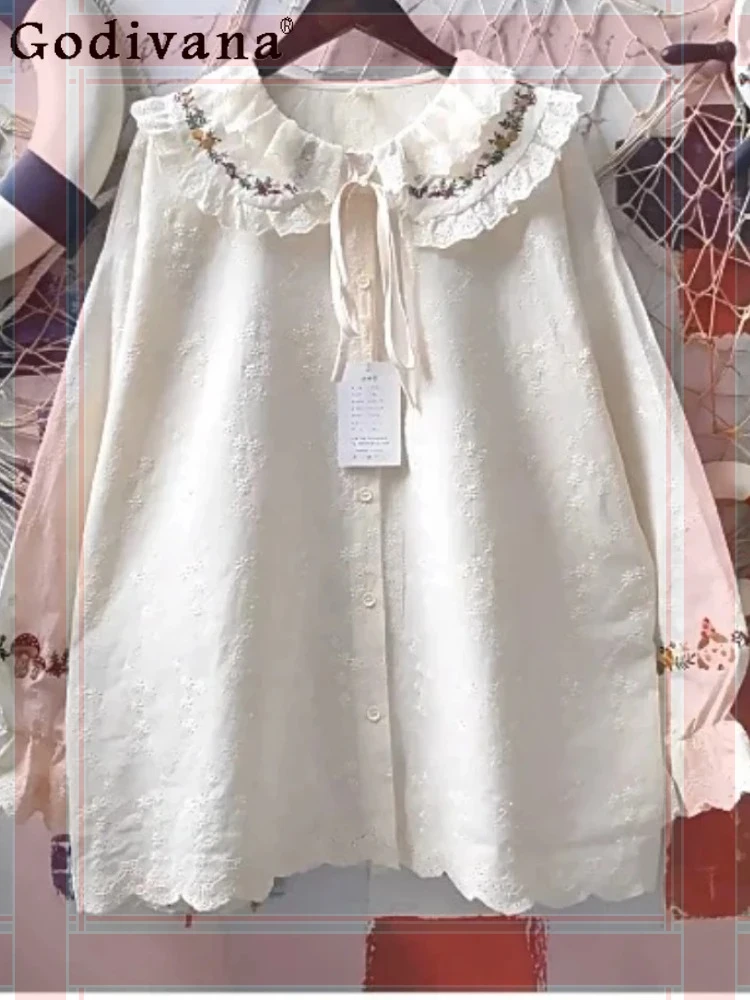 

Japanese Sweet Embroidery Ruffles Peter Pan Collar Lace-up Loose Shirt Spring Autumn Cute Girls Lolita Age-reducing Cotton Top