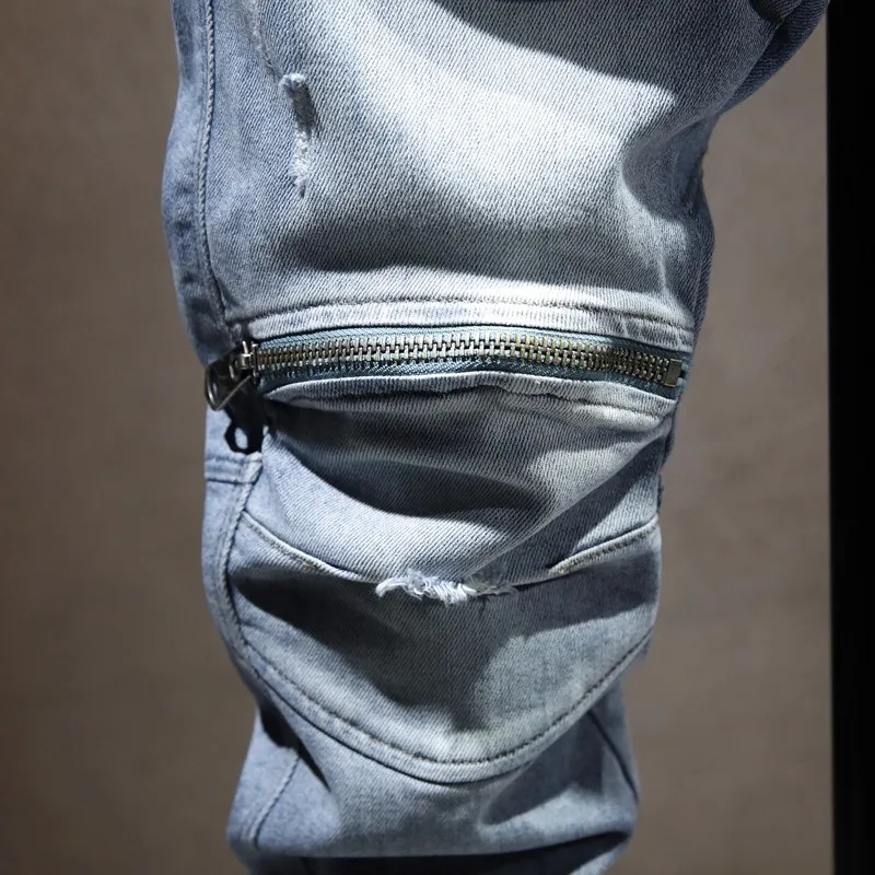 Street Designer Fashion Men Jeans Retro Light Blue Stretch Slim Fit Spliced Ripped Jeans Men Zipper Patched Hip Hop Biker Pants