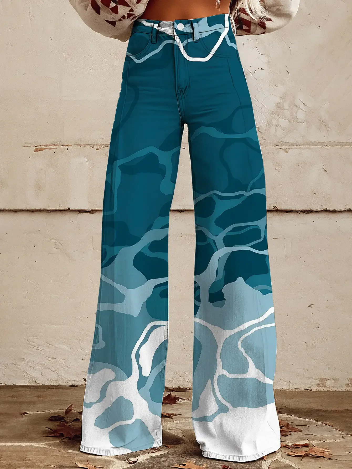 1 pair of women's denim high waisted loose flared pants, casual retro style,