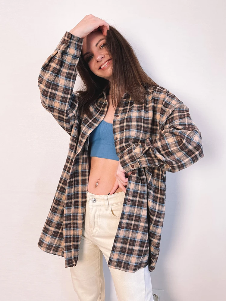 Mnealways18 Vintage Plaid Shirts Women Loose Gingham Female Blouse Spring 2024 Button Top Shacket Oversized Long Shirts Ladies