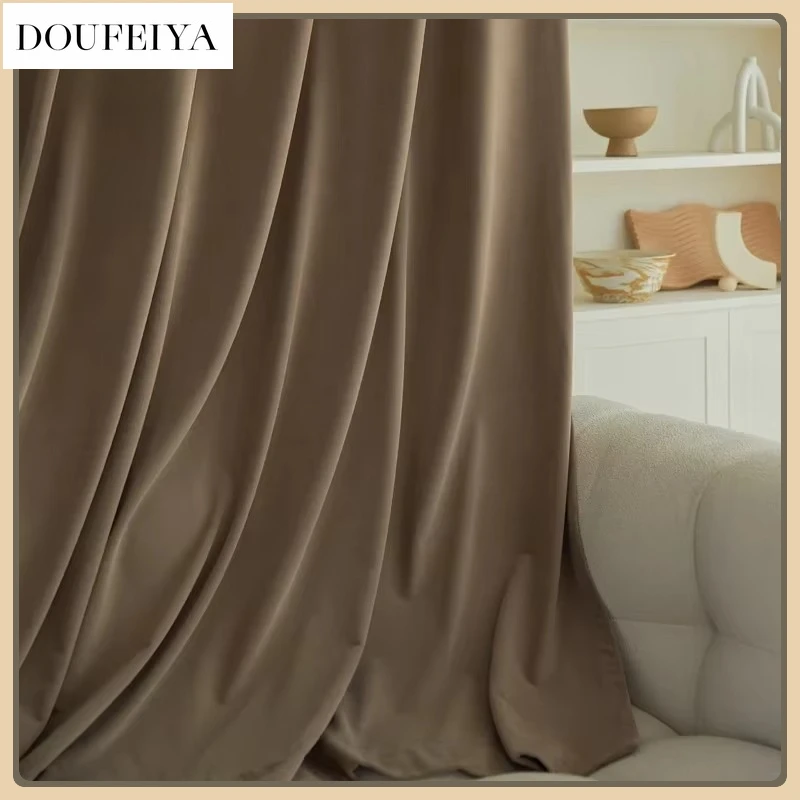 

Custom Modern Simple Brown Velvet Curtains for Living Room Bedroom Dining Blackout Luxury White Tulle Thicken Elegant Window