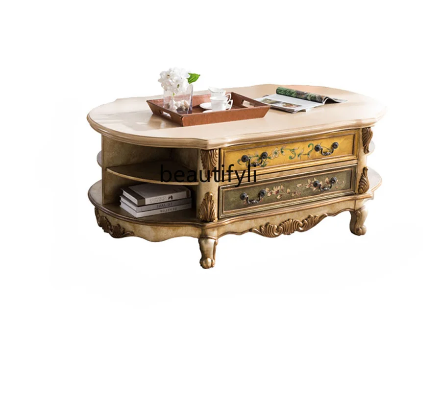 

American Country Solid Wood European Retro Painted Large Tea Table Living Room Storage Oval Tea Table Furniture Combination