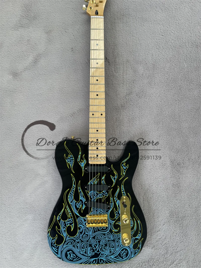 Black Electric Guitar Blue Fire Guitar SSS Pickups Fixed Bridge Gold Tuners Maple Fingerboard