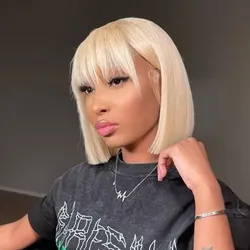613 Blonde Short Bone Straight Bob Human Hair Wig With Bangs For Women Brazilian Remy Hair Blonde Wig for Women 613 Machine Made