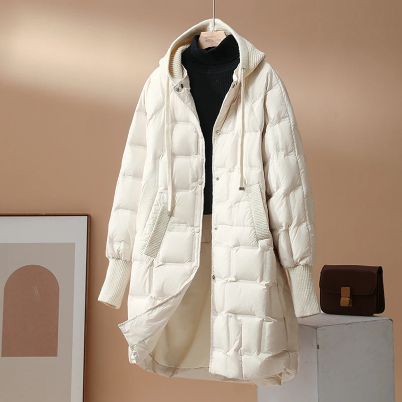 Winter Hooded Solid Mid Length Down Jacket Female Single Breasted Warm Outwears Coat Women White Duck Down Parker Down Jackets