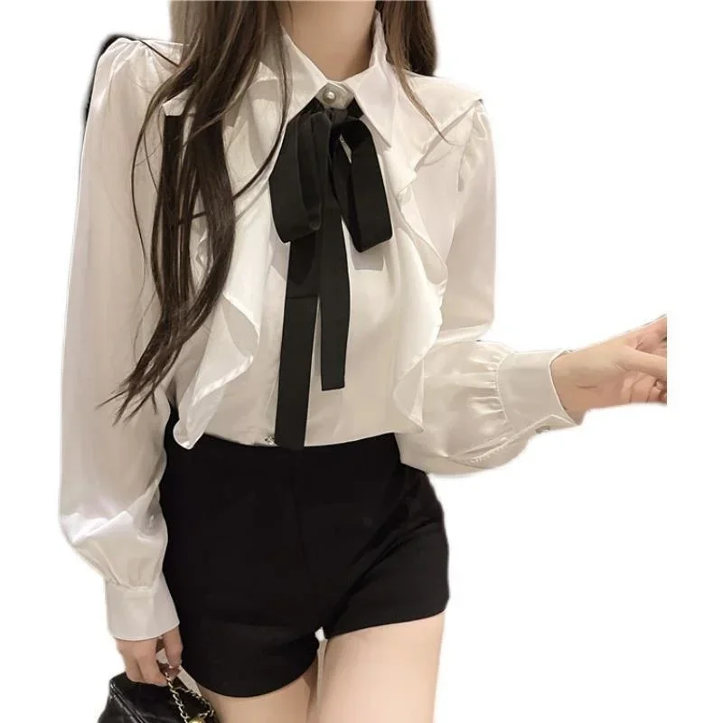 Women\'s Long Sleeved Tie Ruffle Shirt Top Vintage Clothes for Women Tops Shirts Blouses