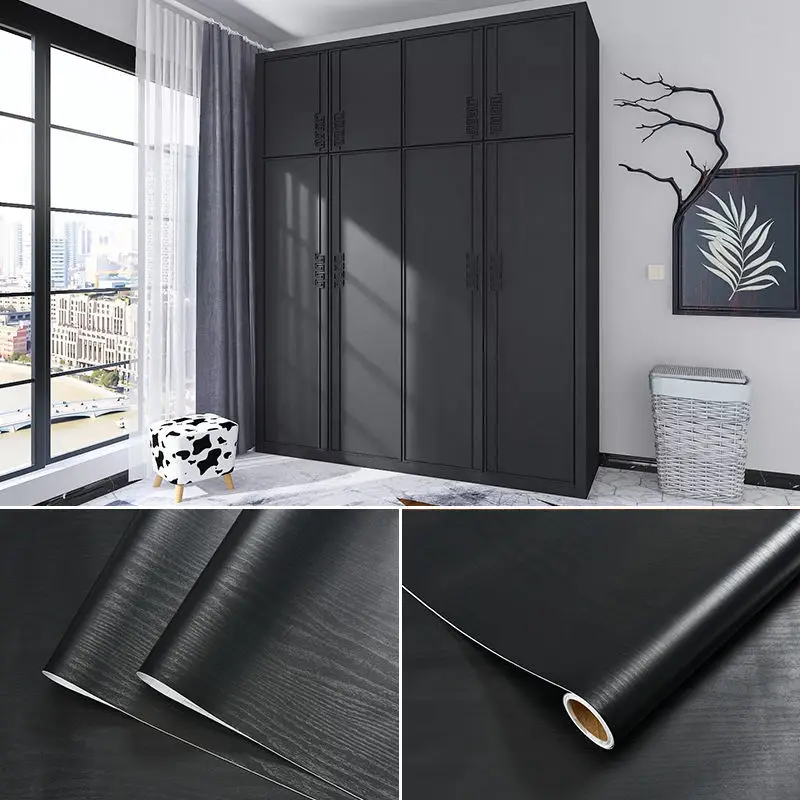 Wood Black Solid Color Home Decor Films Vinyl Waterproof Stickers Self-adhesive Doors Cabinet Modern Furnitures Wall Decoration