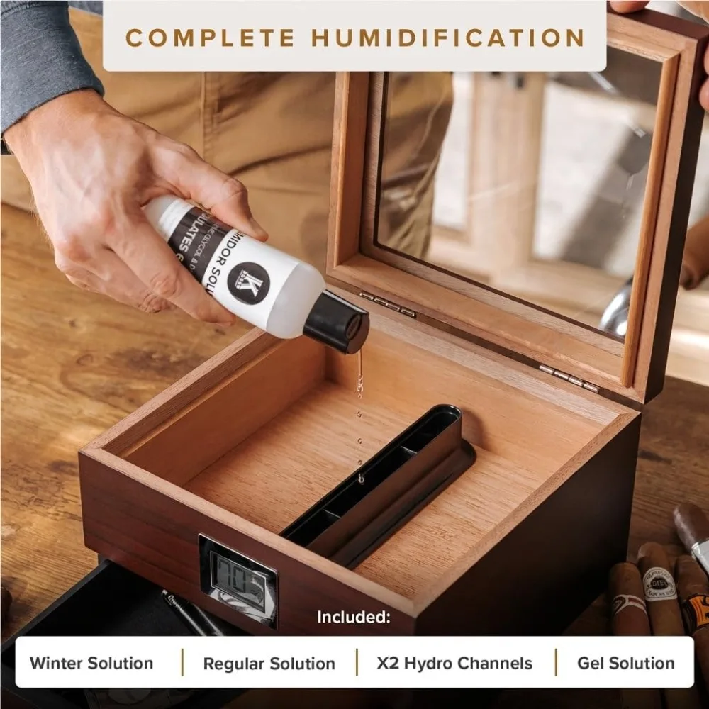 Glass Top Cigar Humidor with Thick Cedar, Easy Humidification System, Accurate Digital Hygrometer - Brown view 6