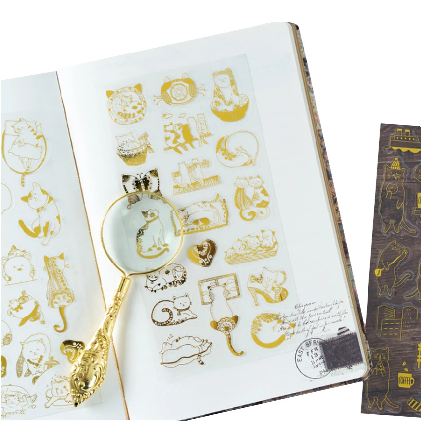 6pcs Cat Heart Hot Gold Stickers Vintage Cute Journal DIY Decoration Supplies Collage Decals Kawaii Stickers