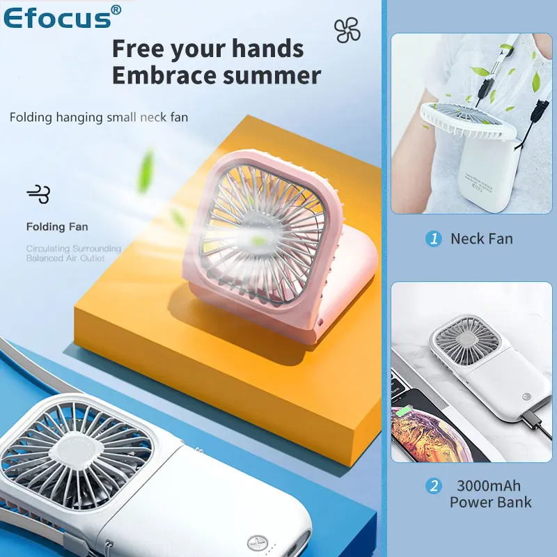 Portable Air Conditioner Hanging Neck Fan With 3000mAh Power Bank Mini Folding USB Handheld  Desk Air Cooler Fan