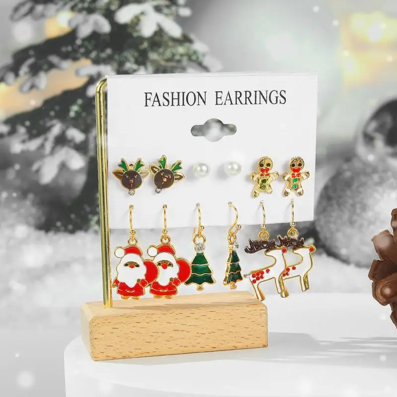 2025 Women's Christmas Stud Earring Set Elk Christmas Tree Snowman Moon Decoration Hoop Earrings Pierced Ear Jewelry Gift