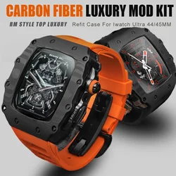 RM STYLE Carbon Fiber Modification Kit For Apple Watch Case 9 8 7 6 5 4 SE Fluororubber Sports Band For iWatch 45 44MM Refit Mod