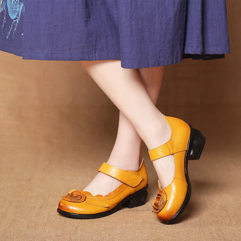 Vintage Cowhide Leather Sandals Women High Quality Mary Jane Shoes Low Heels Sandal With Flower Woman Chic Shoes Sandalias Mujer