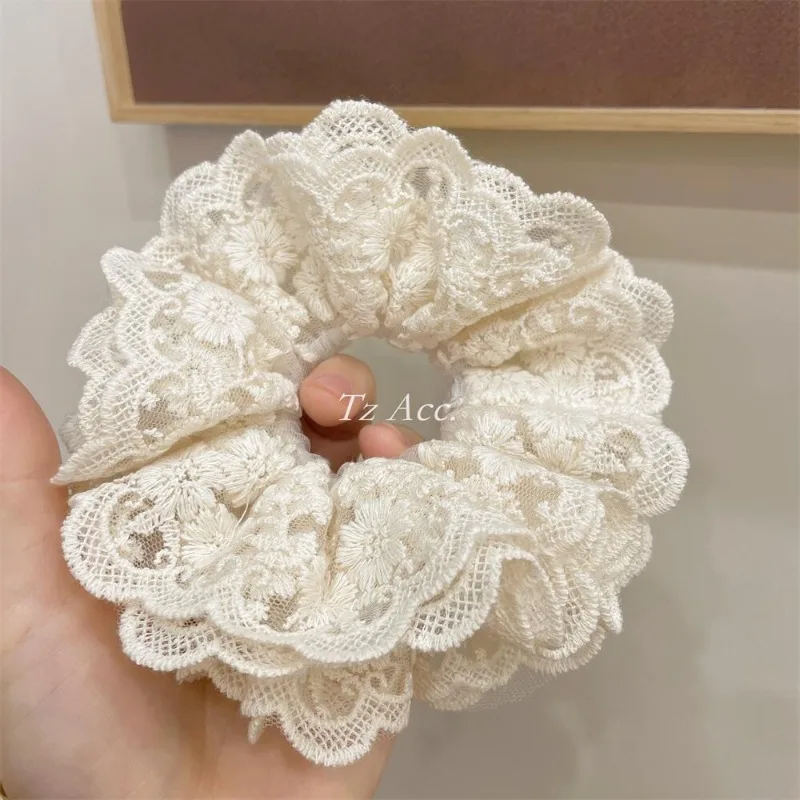 Delicate Sweet Lace Bow Scrunchies for Women Korean Embroidery Hollowed Ruffled Elegant Temperament Ponytail Hair Band Headdress