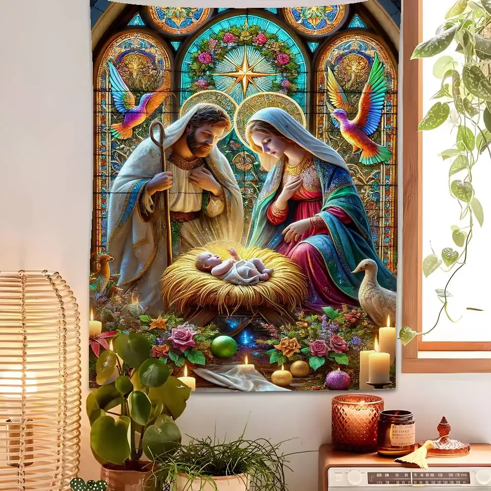 

Nativity Scene Starry Night Tapestry Bedroom Living Bar Garden Outdoor Microfiber Festival Decoration Background Art Banner