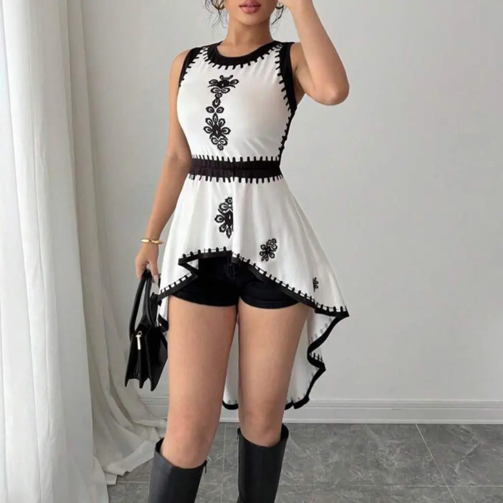 

Women's Sleeveless Vest Contrast Color Pullover Top Irregular Swallowtail Design Summer Fashion European And American Style