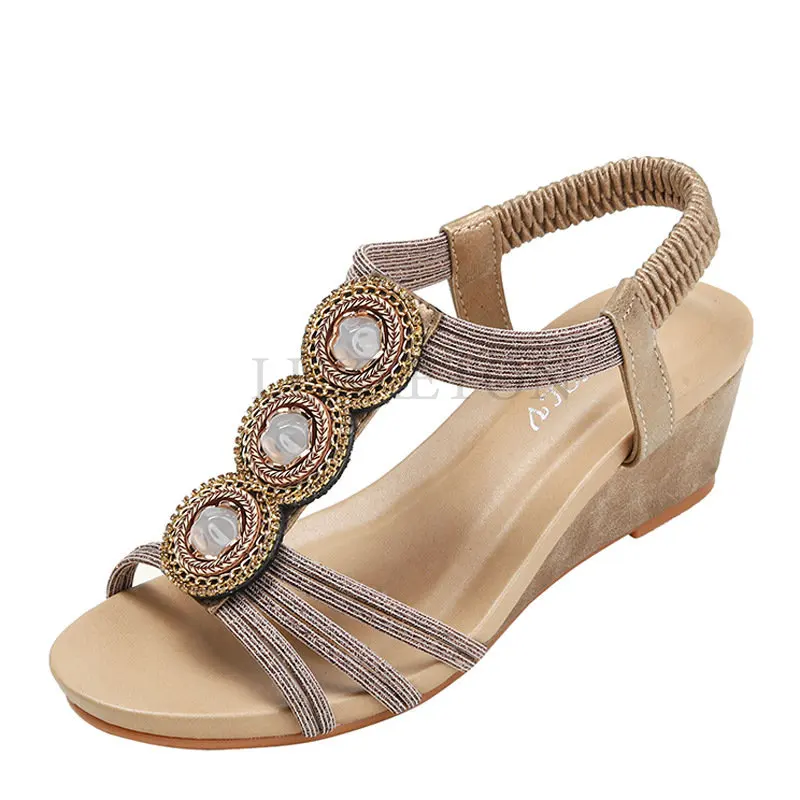 Summer Women Sandals Wedges Casual T-Strap Gladiator Sandals Fashion Bling Gold Silver Knitted Beach Flat Shoes Women