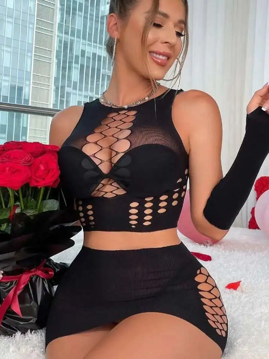 

Hot Selling New Mesh Hole Exposed Belly Button Hollow Hip Package Sexy Round Neck Skirt Set See Through Casual Beautiful JYNI
