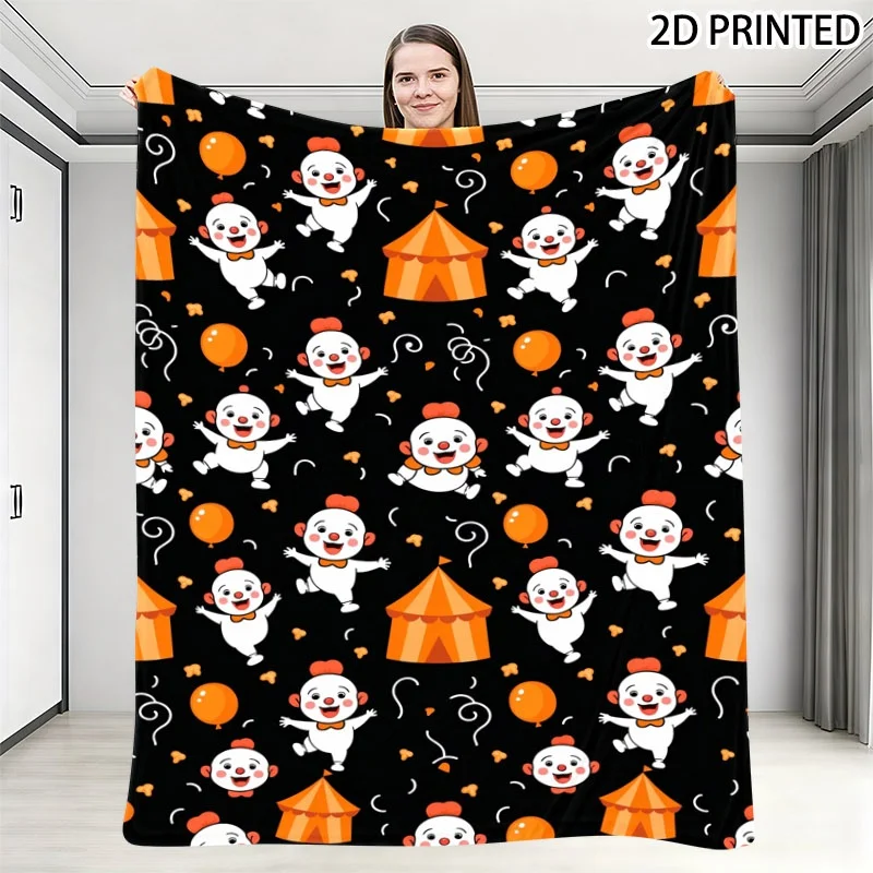 Playful Circus - Themed Throw Blanket, Whimsical Black - Based with Cheerful Cartoon Characters, Circus Tent, Balloon & Star Con
