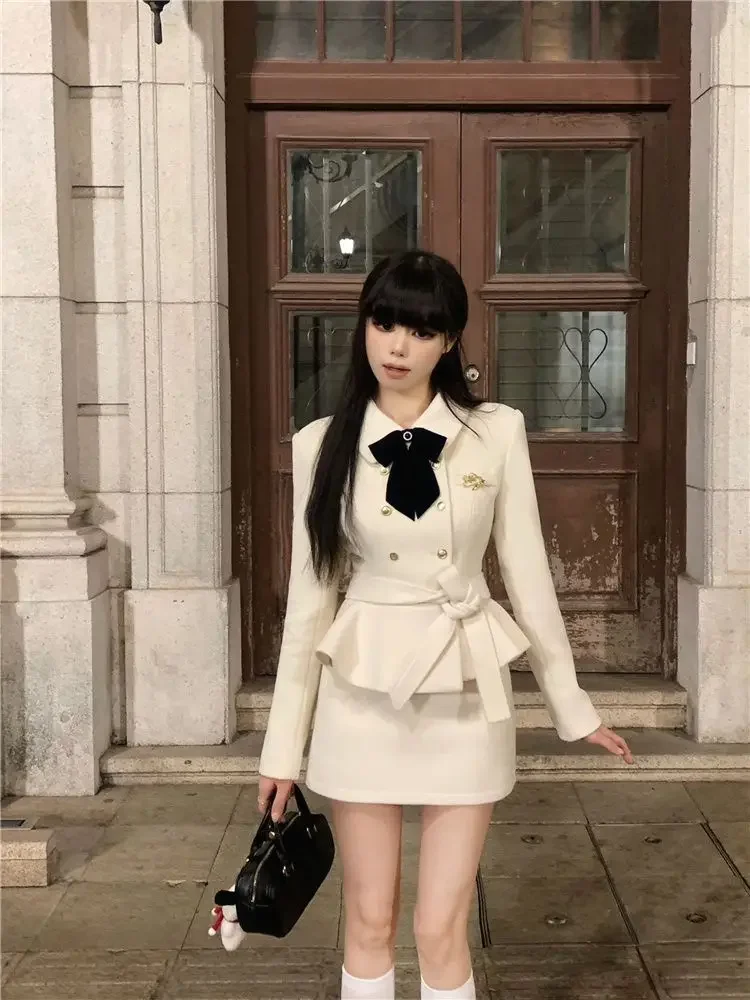 Korean Fashion Socialite Autumn and Winter Bow Waist Slimming Coat Short Skirt Set Temperament Two Piece Sets Women Outfits