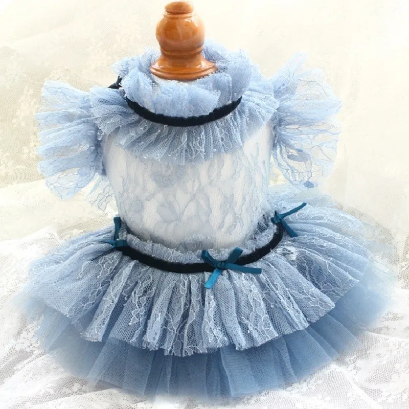 

Unique Handmade Dog Clothes Pet Supplies Sexy Dress Higher-Ups Senior Haze Blue Openwork Bud Silk Soft Yarn Princess One Piece