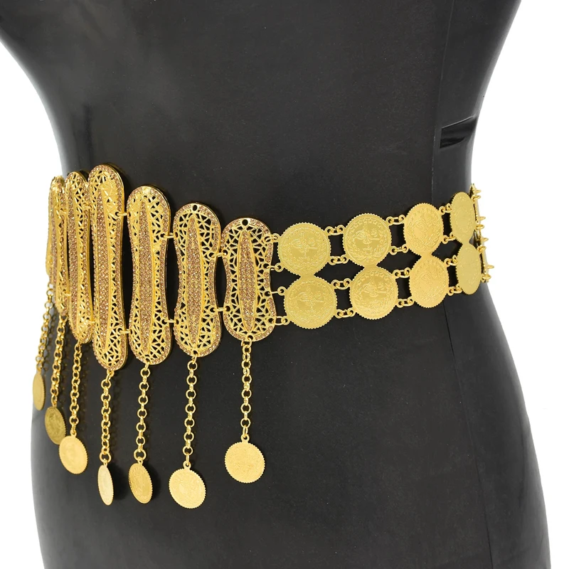 Golden Coin Women Body Chains Arab Charms Tassel Bohemian Ethnic Waist Jewelry Statement Afghan Rhinestones Waist Chains Female