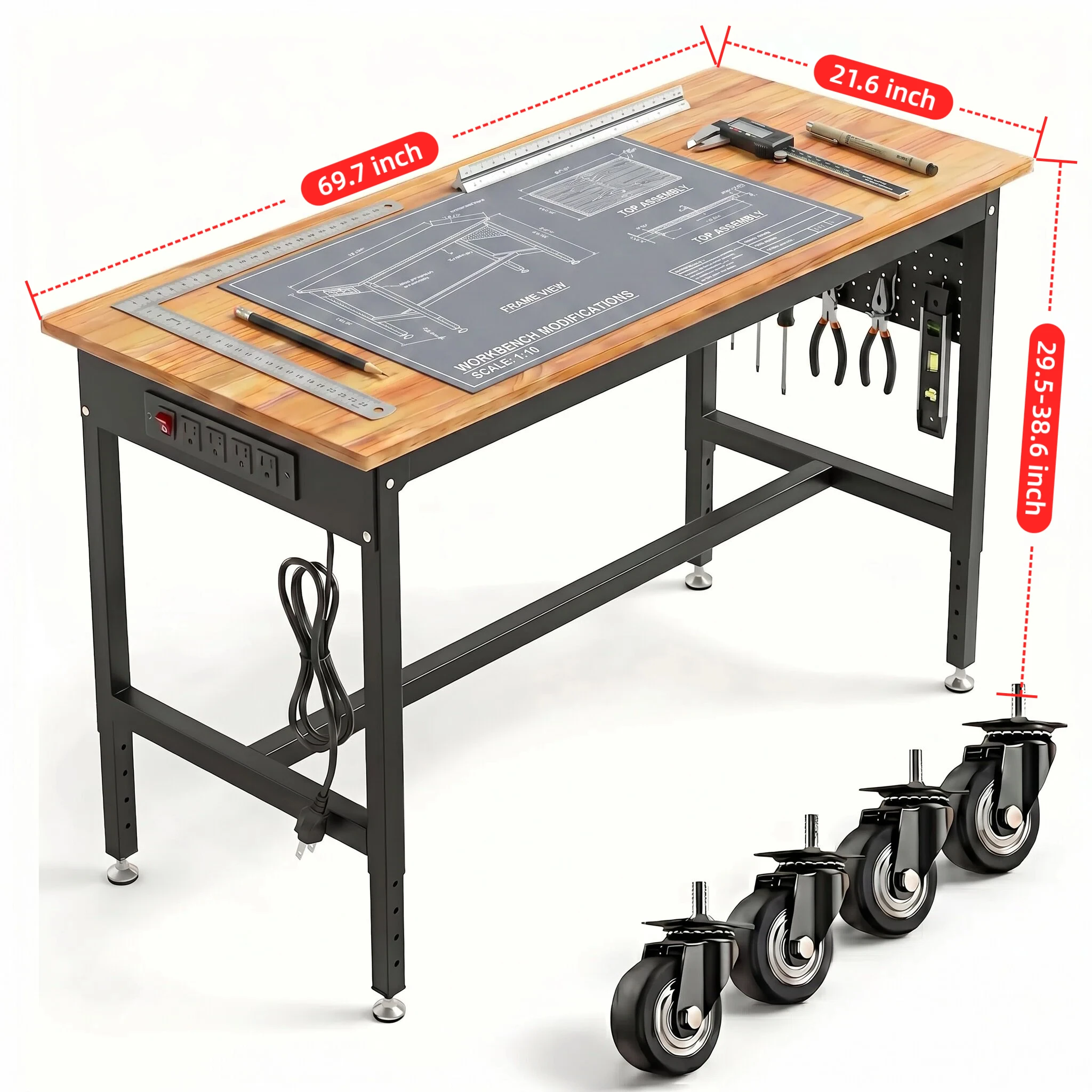 Heavy Duty Adjustable Workbench with Power Outlets, Solid Oak Top, 2000 LBS Rolling Industrial Work Station for Garage, Factory, Home & Office
