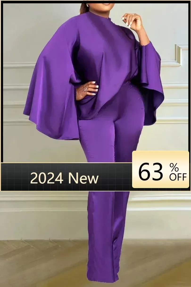 

2024 Spring Women's Set Fashionable Solid Color Satin Bat Sleeves Loose Top Straight Tube Pants Casual Commuting OL Women's Set