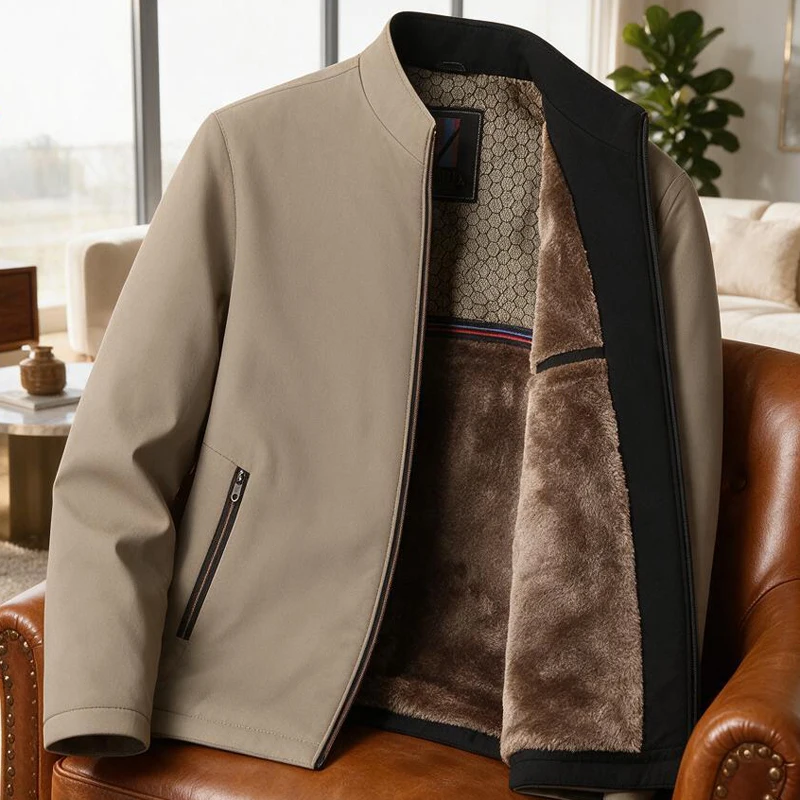 Luxuriöse Winterjacke für Herren 2026 Herbst Einfarbige Dick Gefütterte Mäntel für Männer Stehkragen Warme Arbeitsjacke Herrenbekleidung mit Fleece-Futter – Detail 6