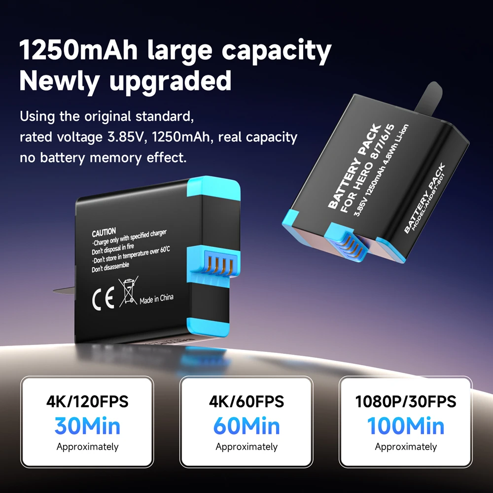 1250mAh Battery For GoPro Hero 8 7 6 5 Black Battery Pack with LCD Charger for Action Camera GoPro Hero8 Battery full decode