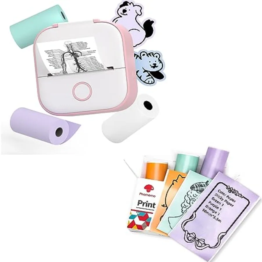 

T02 Printer Set with 3 Rolls Paper Inkeless Printer- Mini Printer Sticker Maker Bluetooth Thermal Pocket Printer for Study Note