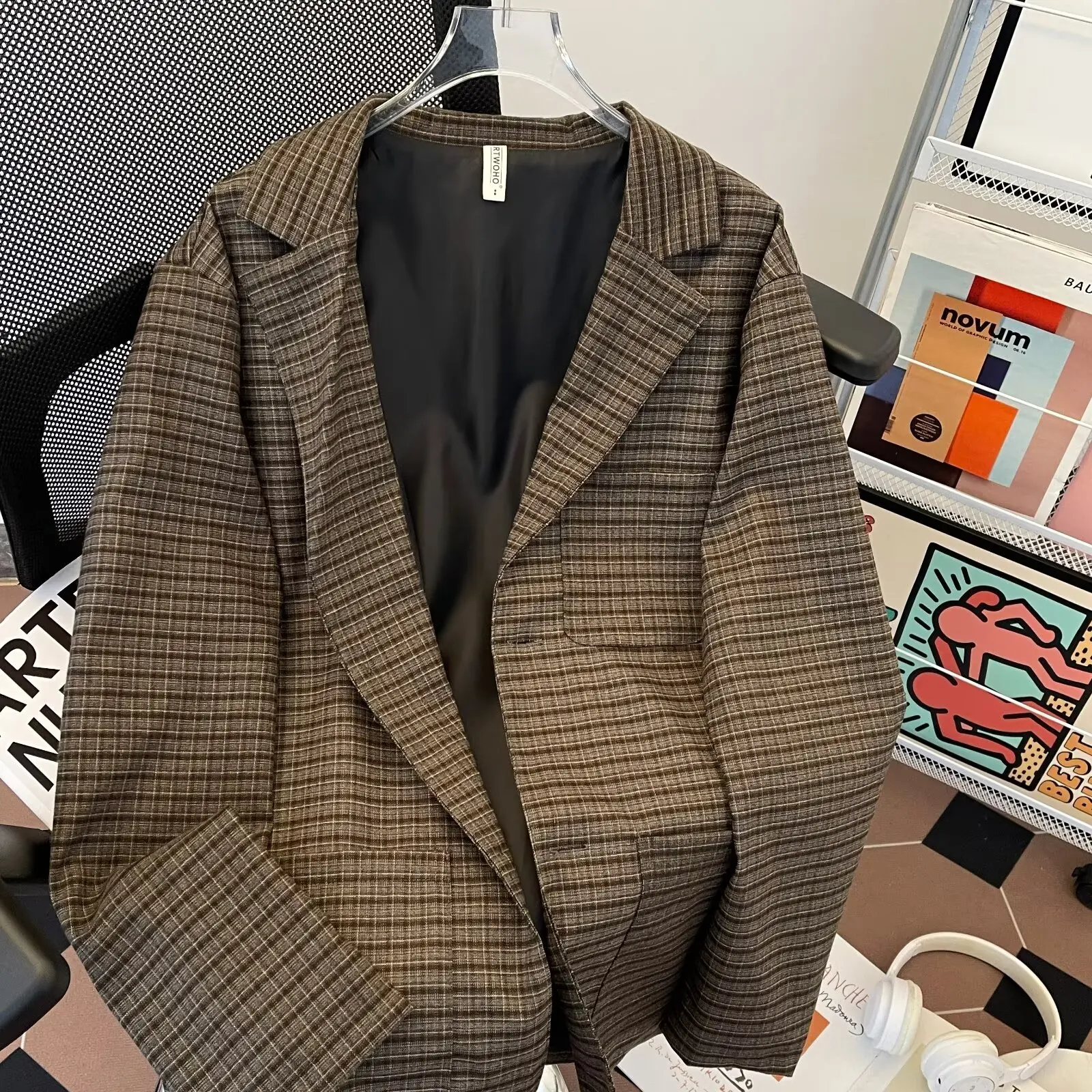 

Large Size Autumn Winter Plaid Suit Jaet Brown Casual Loose Men's Clothing Straight Hemline Polyester Fiber Teenager Sle