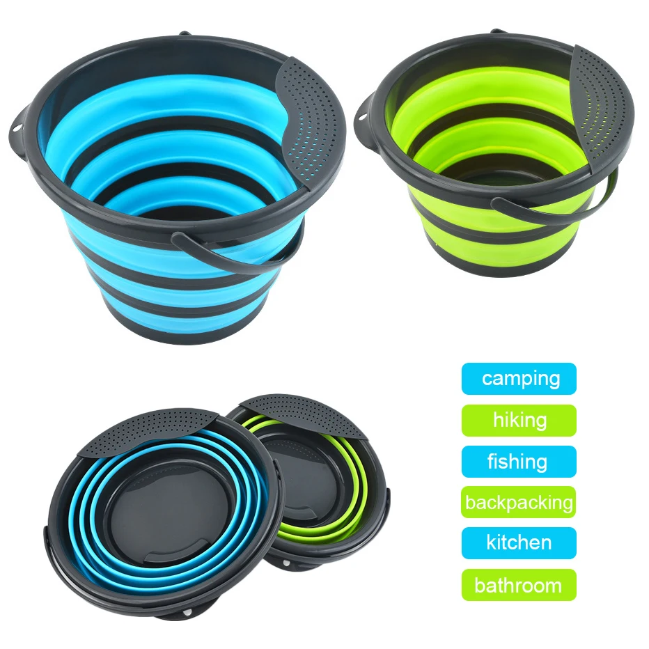 Collapsible Silicone Water Bucket with Filter Portable Hiking Fishing Camping BBQ Water Container Kitchen Space Save Bucket