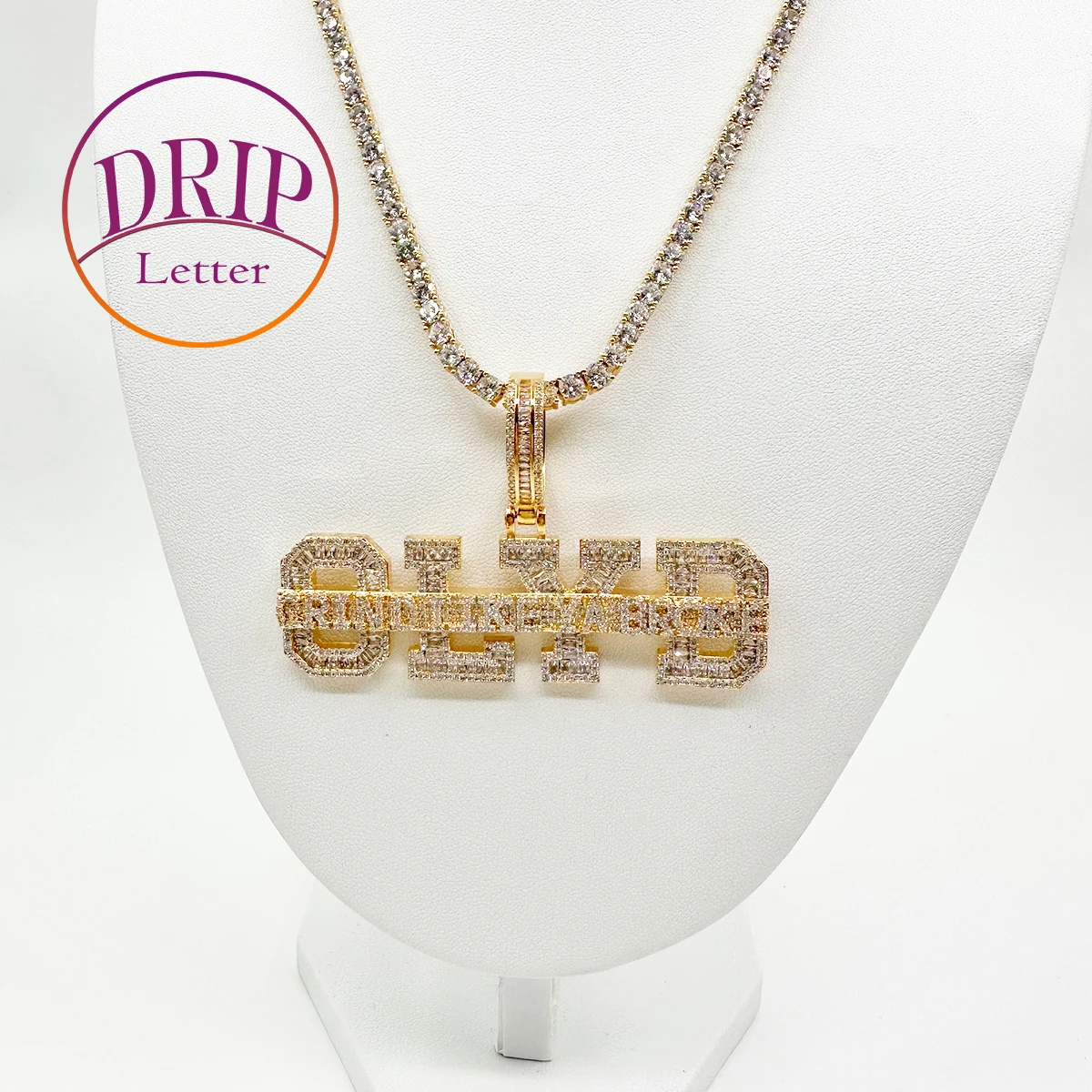 Drip Letter Iced Out Necklace for Men Prong Setting Pendant Real Gold Plated Hip Hop Jewelry