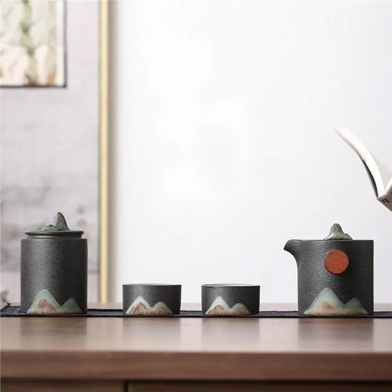 AEE4-Japanese Hand-Painted Mountain Tea Set Kit Vintage Coarse Pottery Set Of Cups Teapot And Cups Tea Making Outdoor 5Pcs