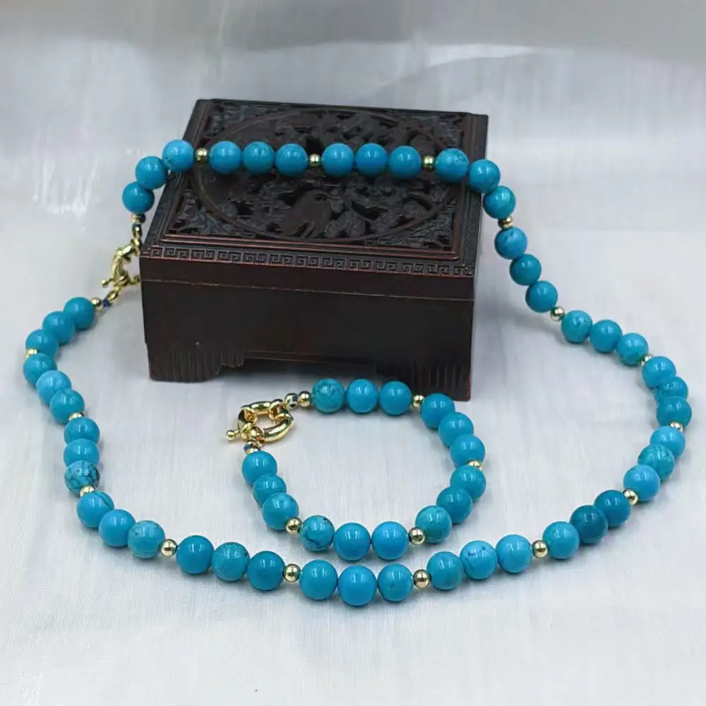 8mm Blue Natural Turquoise Gemstone Women Chokers Necklace Bracelet Jewelry Set 18inch 7inch