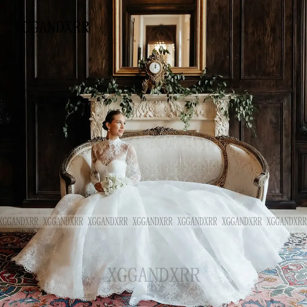 XGGandXRR Abito da sposa elegante in pizzo con collo alto personalizzato Abito da sposa a maniche lunghe per donna Abito da sposa a trapezio lungo fino al pavimento