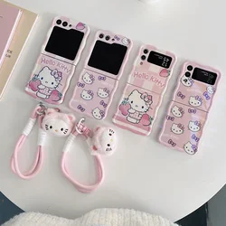 Cartoon Hellos Kitties with Lanyard Blu-ray Phone Case for Samsung Galaxy Z Flip 3 4 5 5G PC Hard Anti-drop Back Cover Funda