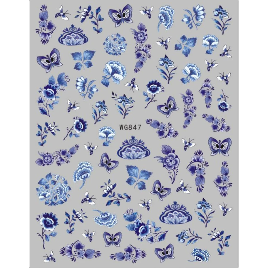 Blue and White Porcelain Nail Decals, Vintage Style Self-Adhesive Nail Art Stickers for DIY Nail Tips Decoration