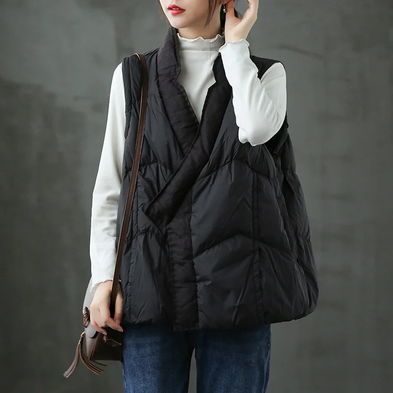 

Winter New Down Vest Sleeveless Women's Jacket Thickened Loose Warm Snow Waistcoat Retro Patchwork Casual Short Women's Vest