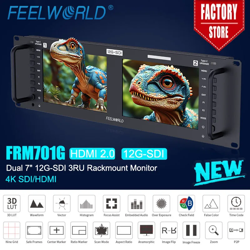 

FEELWORLD FRM701G Двойной 7-дюймовый 3RU монитор для установки в стойку, 12G-SDI, 4K HDMI, 1920x1200 IPS