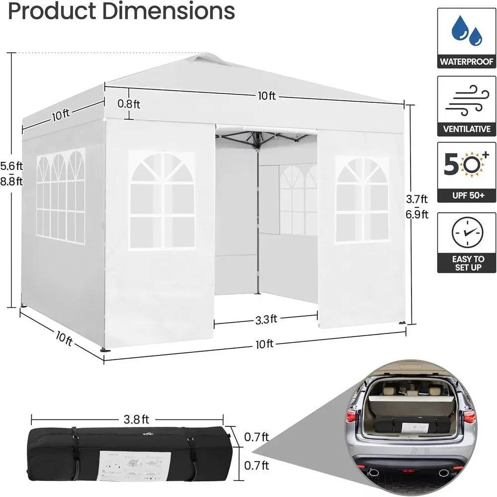 10x10 Pop-Up Gazebo Canopy Heavy Duty Portable Patio Tent Adjustable Height Wheeled Bag Iron Single Oxford Fabric 3-Door