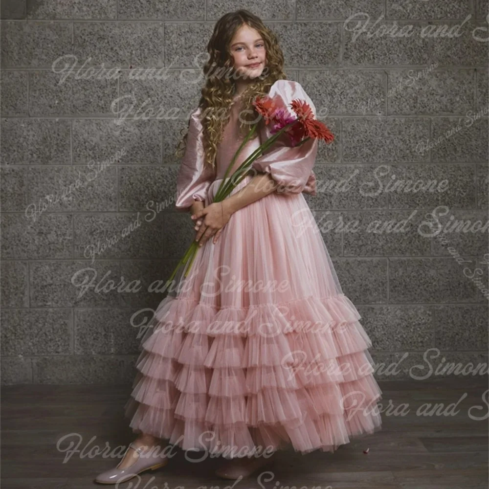 Princess Puff Sleeve Tulle Pleat A Line Wedding Party Flower Girl Dress Bow Ankle Length First Communion Dress Customized