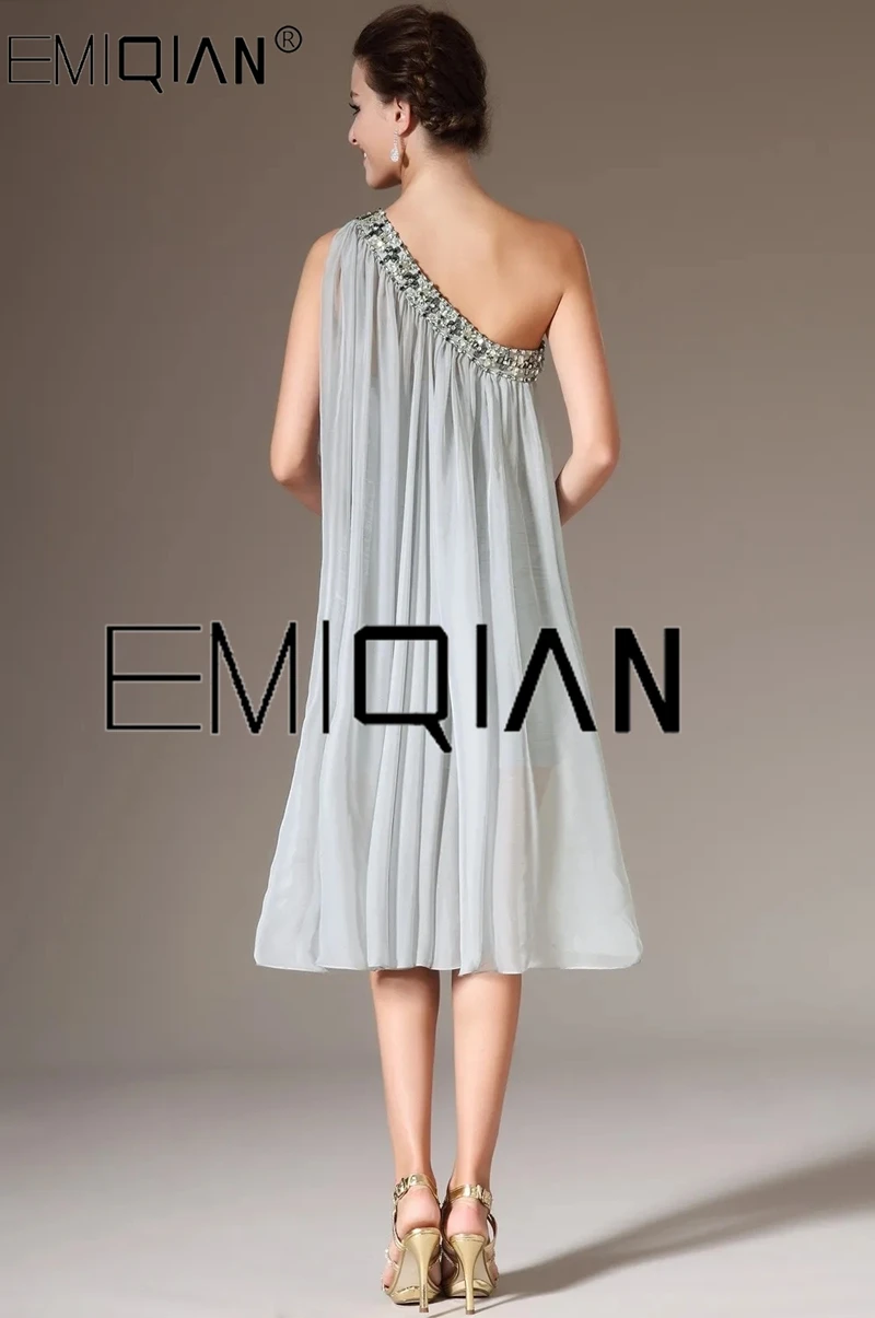 Mini Beaded Cocktail Party Dress One Shoulder Gray Chiffon Sheath Cocktail Dress