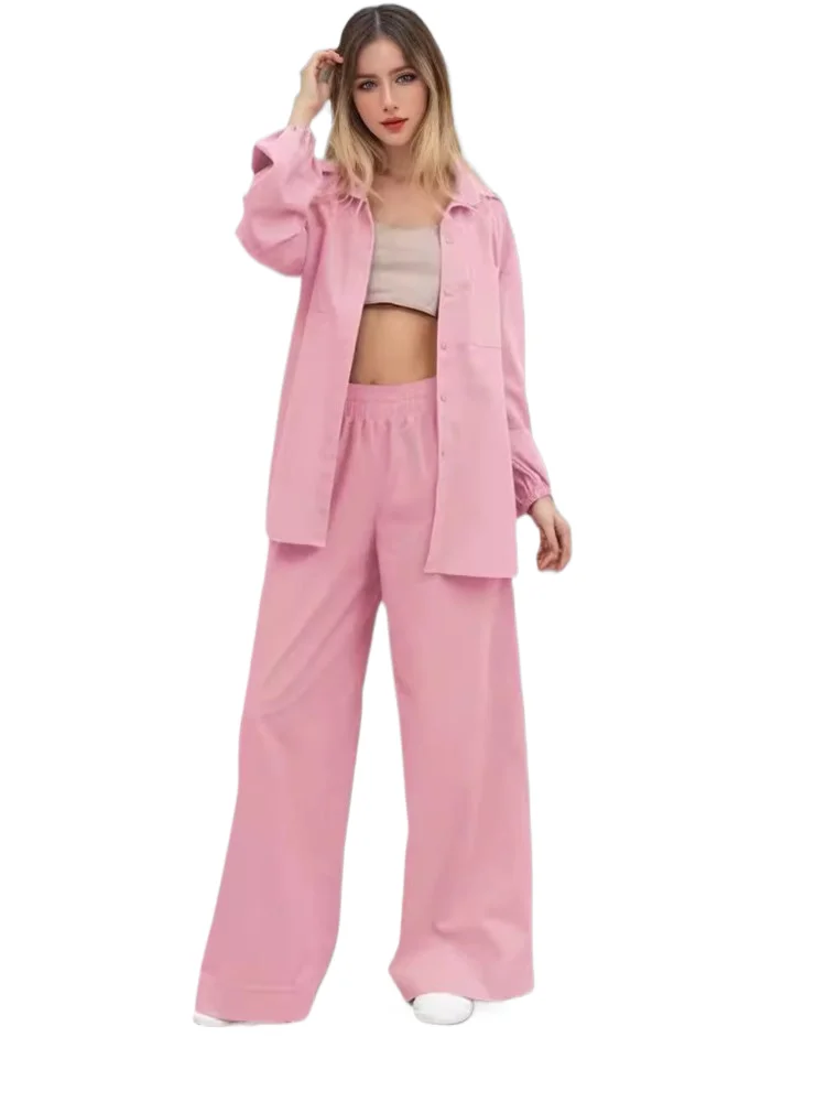 

Autumn Women Set Fashion Two Piece Set Casual Solid Color Long Sleeves Shirt And Loose Wide Legs Trousers Set Commuting Outfits