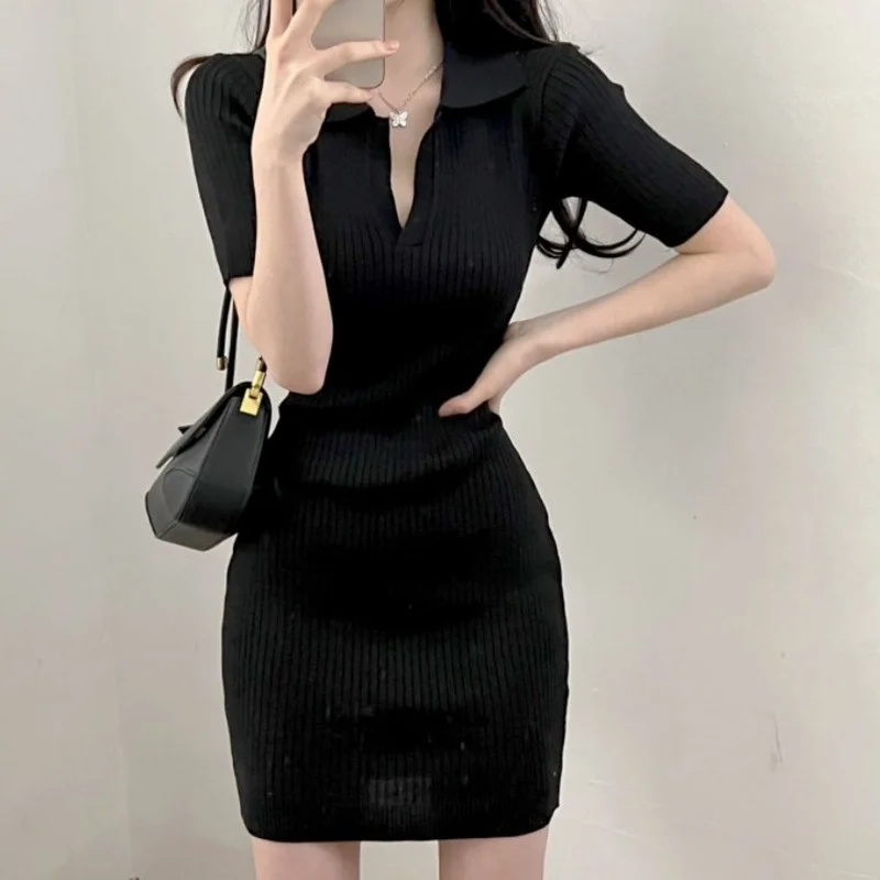 Knit Women's Shirt Dress Fashion Tunics for Women Short Korean Style Crochet Summer Dresses Trend 2024 Cotton Mini Elegant Sexy