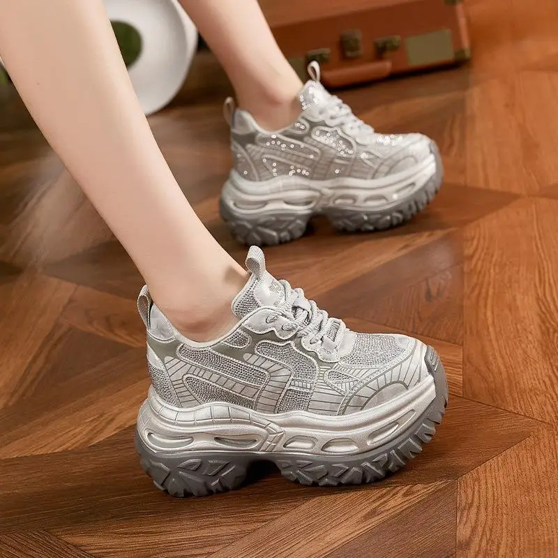 

Sporty Women's Thick Heel Boosting Dad Shoes Genuine Leather Diamond Embellished All-Match Flat Mouth Shoes round Toe Rubber ...