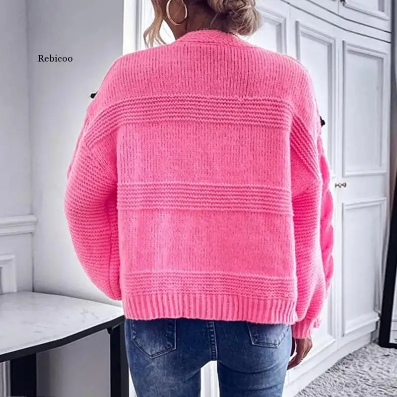 Women Elegant trawberry Print Sweater Cardigan Autumn Winter Casual Loose Ribbed Cardigan Fashion Long Sleeve Button Jumper Coat